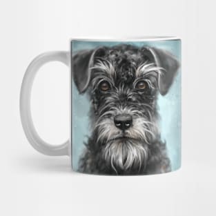 Painting of a Black and White Schnauzer on Blue Background Mug